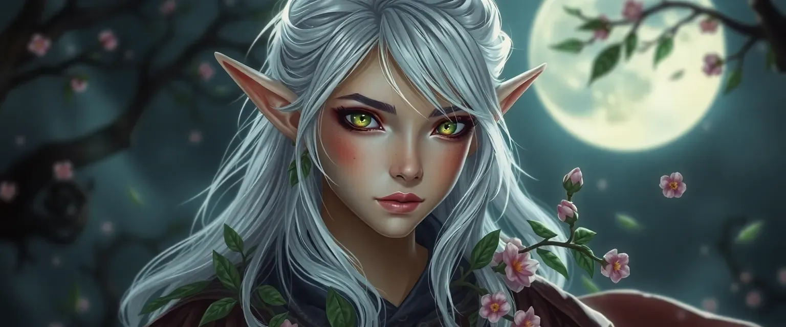 Elf with silver hair and green eyes, wearing a moonlit robe, adorned with leaves and blossoms.