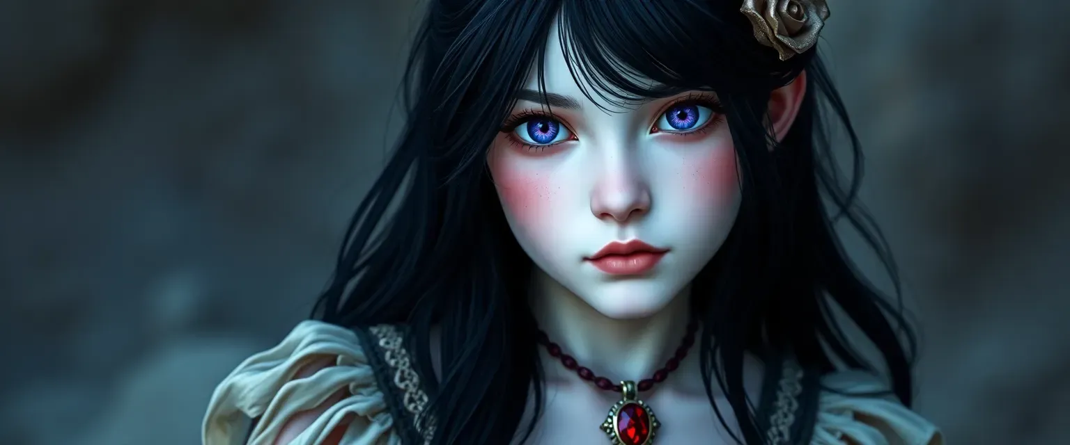 15-year-old girl with porcelain skin, violet eyes, and black hair, wearing a tattered dress and a ruby amulet.