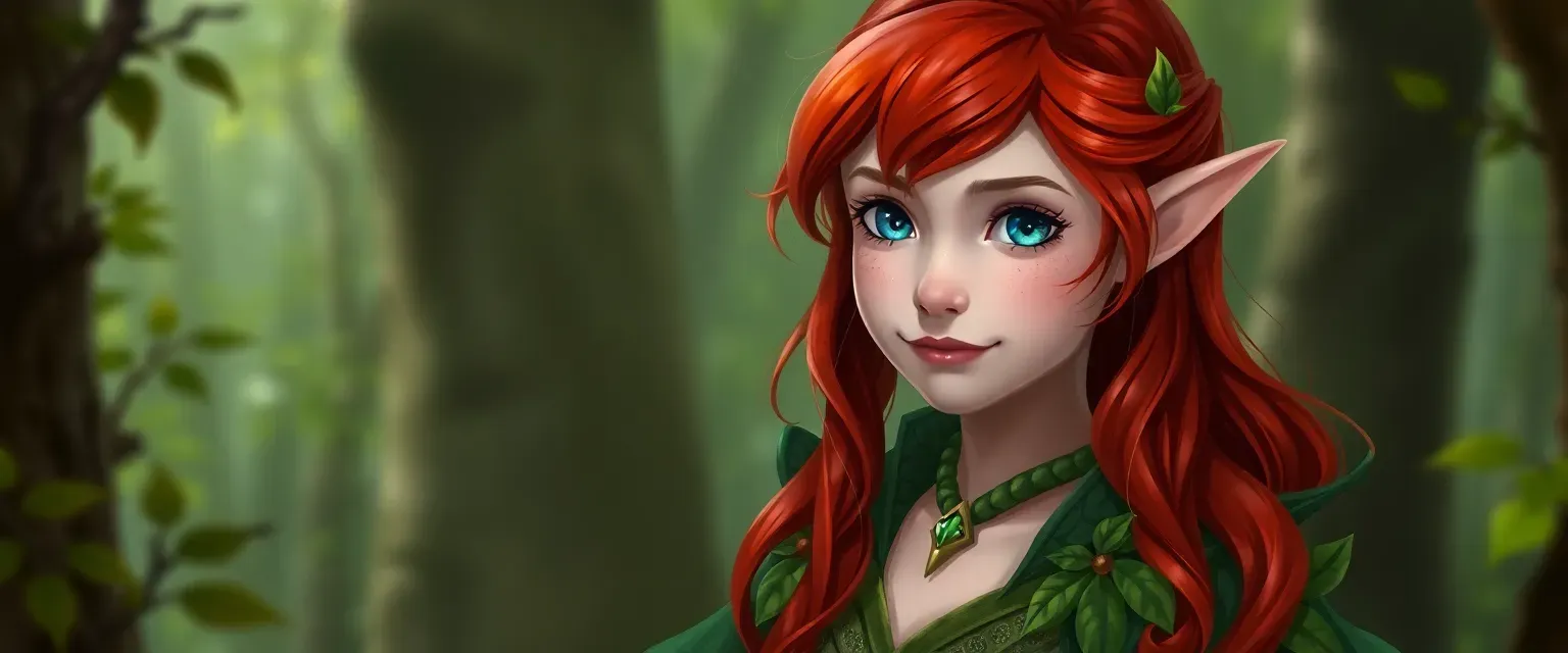 Young Fey with scarlet hair and aqua eyes, wearing a green leaf-patterned dress and a nature-hued cloak.