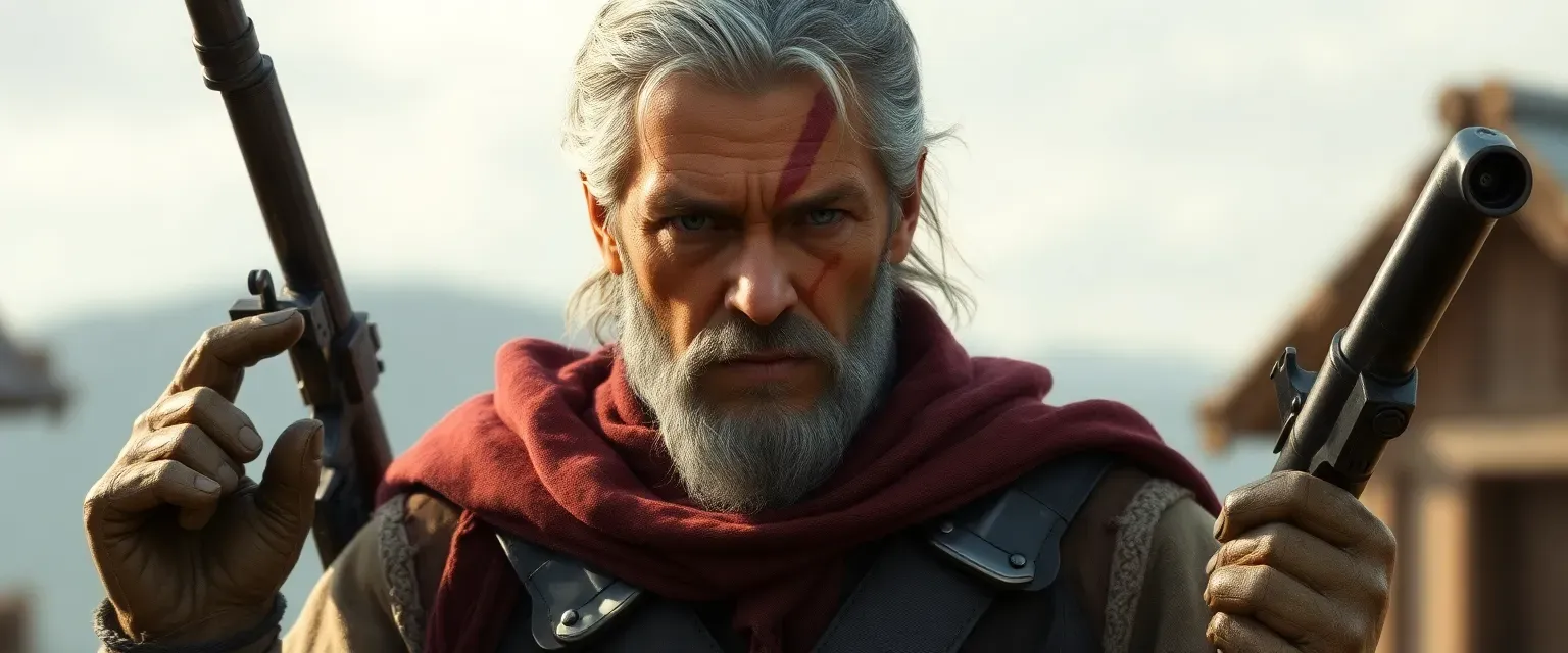 46-year-old noble gunslinger with graying hair and a facial scar, dressed in noble attire with guns at his hips.