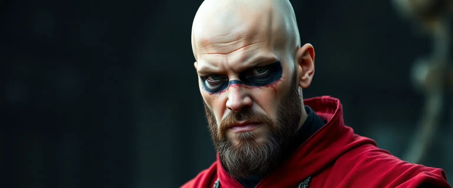 A bald, dirty priest with a soot streak across his eyes, wearing a red robe with a fire emblem.
