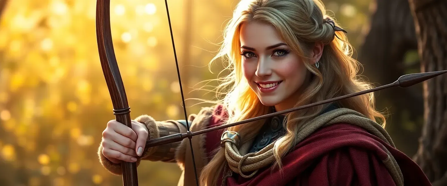 Elegant woman with a radiant smile, dressed in noble attire, holding a bow, surrounded by nature.