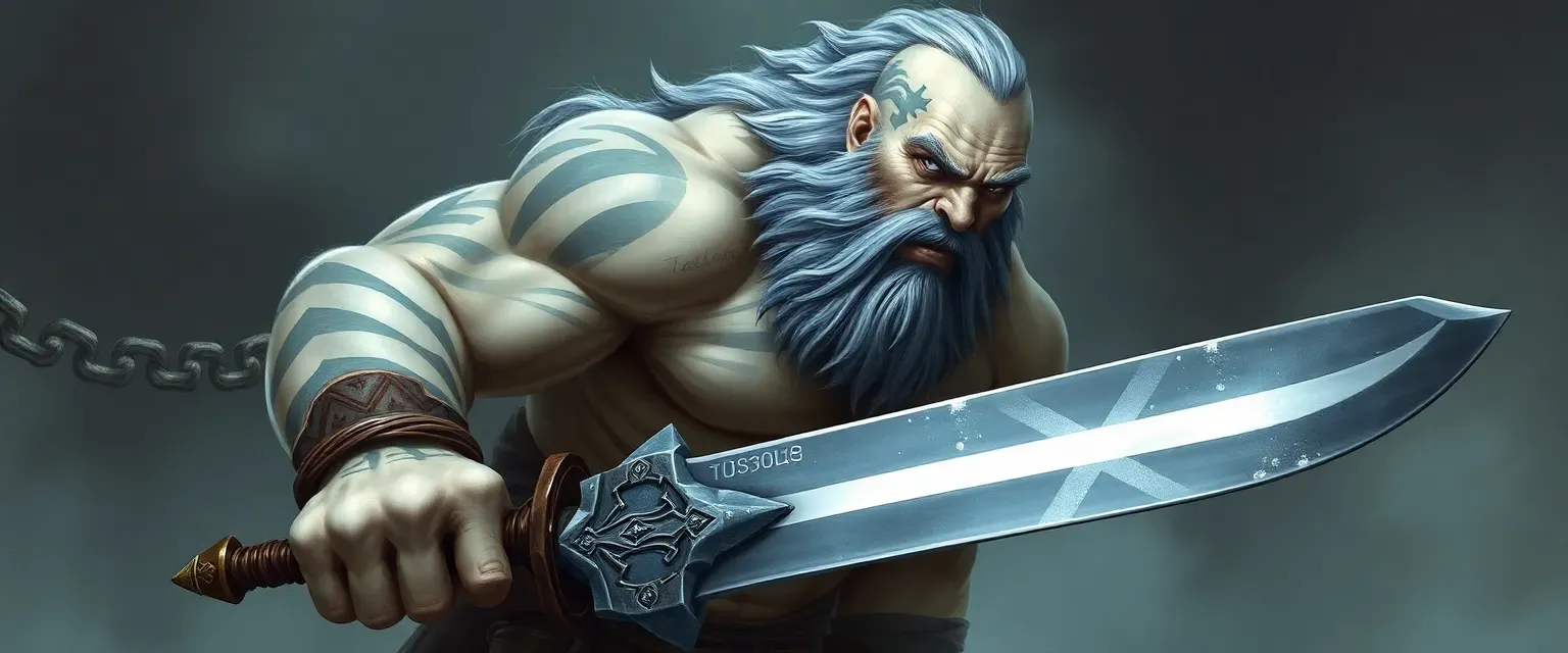 Tall Goliath barbarian with frost-white skin, dark tattoos, wielding a greatsword, clean-shaven with battle scars.