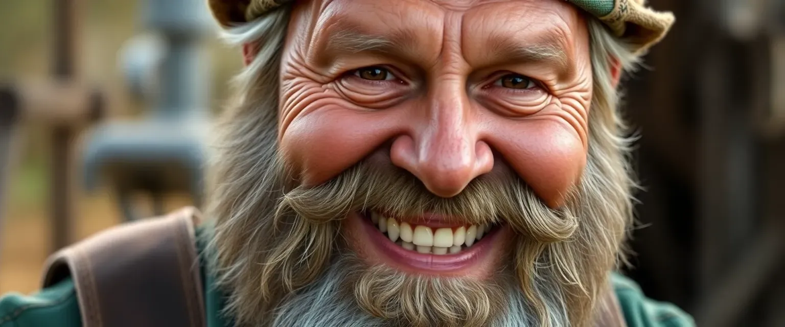 Large man with a beard, hearty laugh, farm worker, deep brown eyes, rugged appearance.