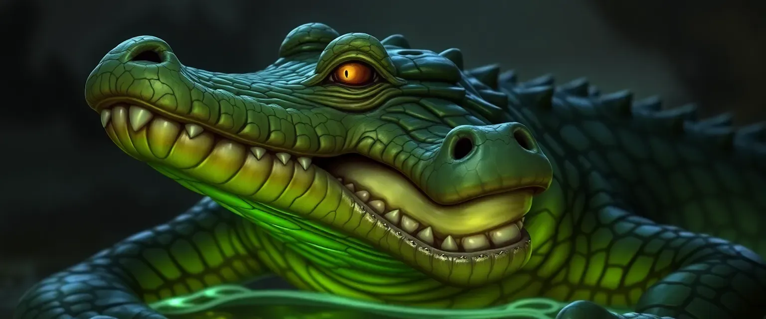 Old alligator with glowing green scales, southern accent, yellow eyes, and a mischievous smile.