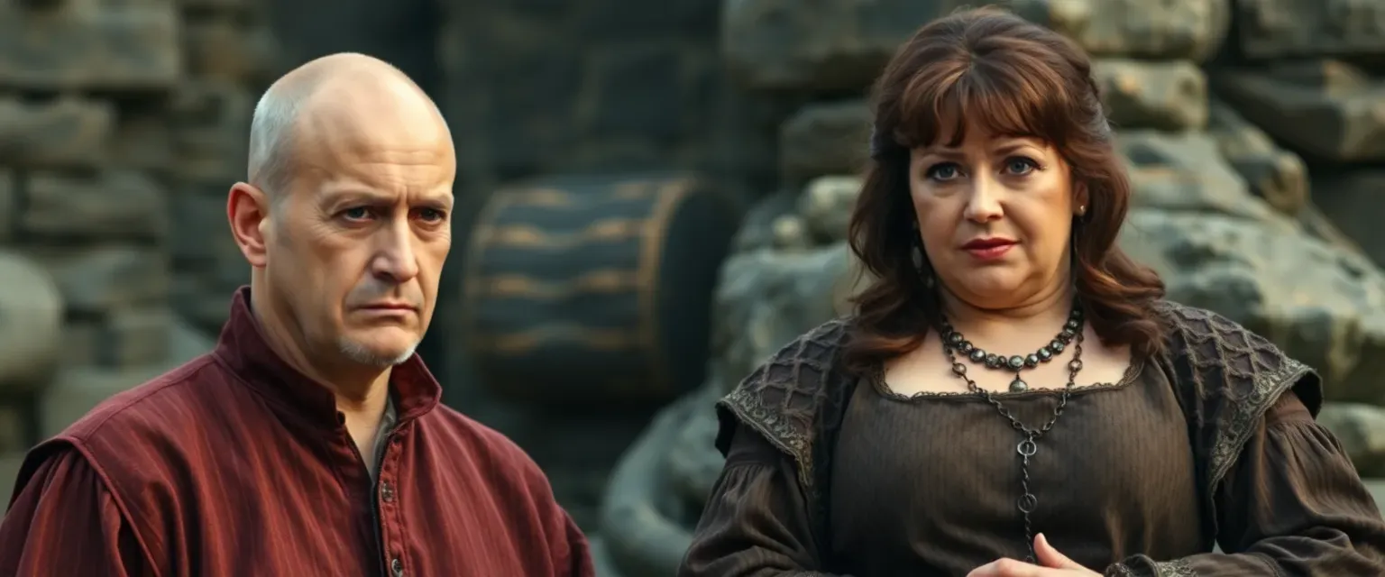 A bald man in his sixties, medieval attire, dejected. A robust woman in her fifties, medieval dress, authoritative stance.