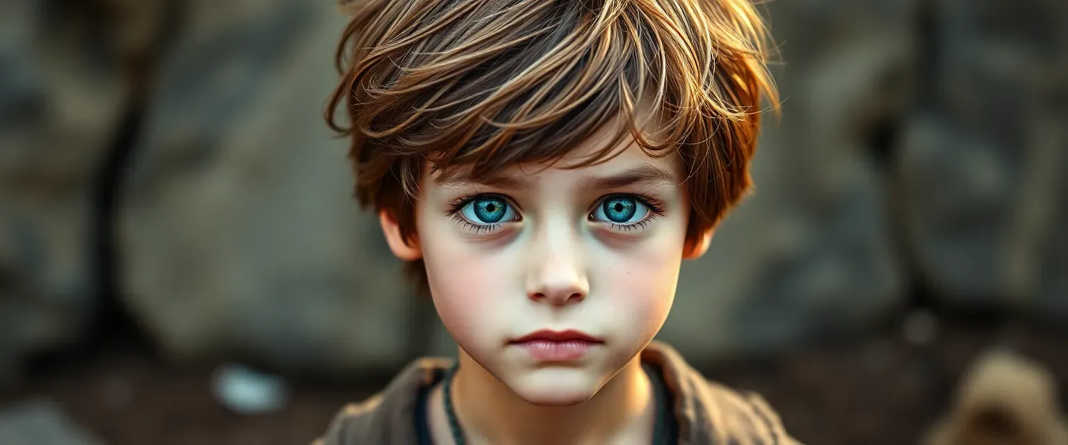 11-year-old boy with blue eyes and tousled chestnut hair, wearing simple, worn clothes.