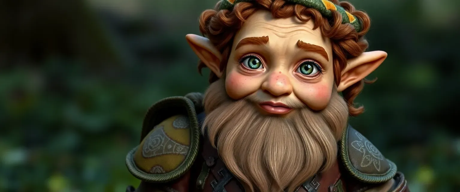 A three-foot-tall forest gnome with freckled brown skin, green eyes, and curly chestnut hair, wearing a patchwork of greens and browns with rune-adorned armor.