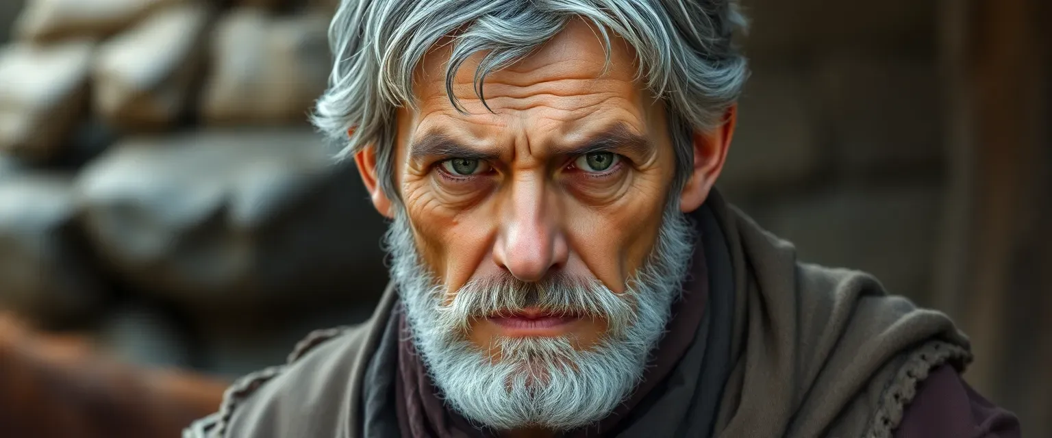 A middle-aged man with graying hair, weary eyes, and worn clothes, embodying the struggles of a village stableman.