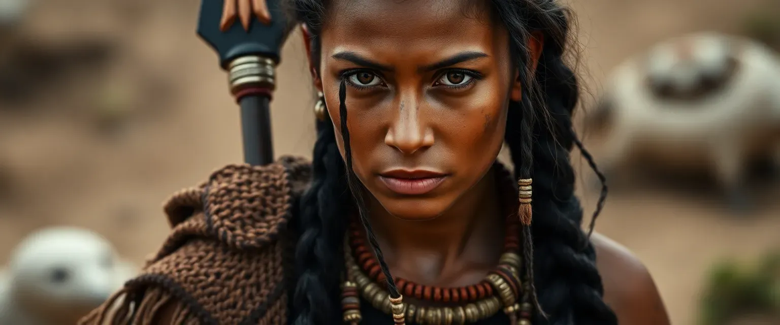 Early 30s woman with deep earth-toned skin, tribal scars, brown eyes, braided hair with beads, wearing a woven tunic, leather breeches, and a symbolic cloak, carrying a spear.