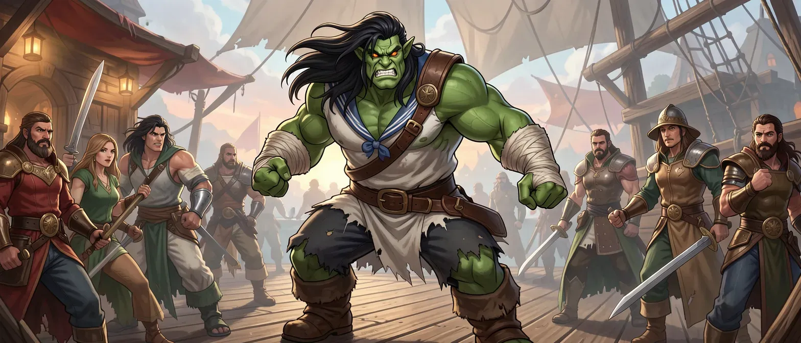 A 16-year-old male orc, 6'7" tall, 260lbs, green skin, long black hair, orange eyes, muscular build, wearing ragged sailor clothes with wrapped fists, standing on a tavern deck with a fierce expression.