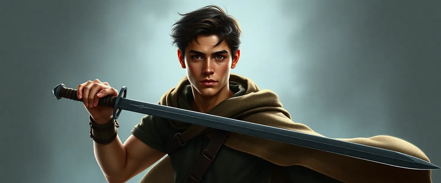 Young man in his early twenties, lean build, dark hair, wearing a traveler's cloak and wielding a sword, with a focused and determined expression.