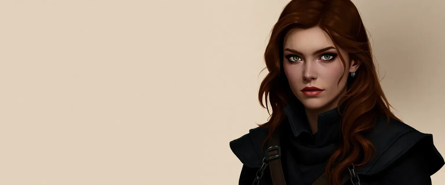 32-year-old woman with auburn hair, sharp eyes, dark attire, slight limp.