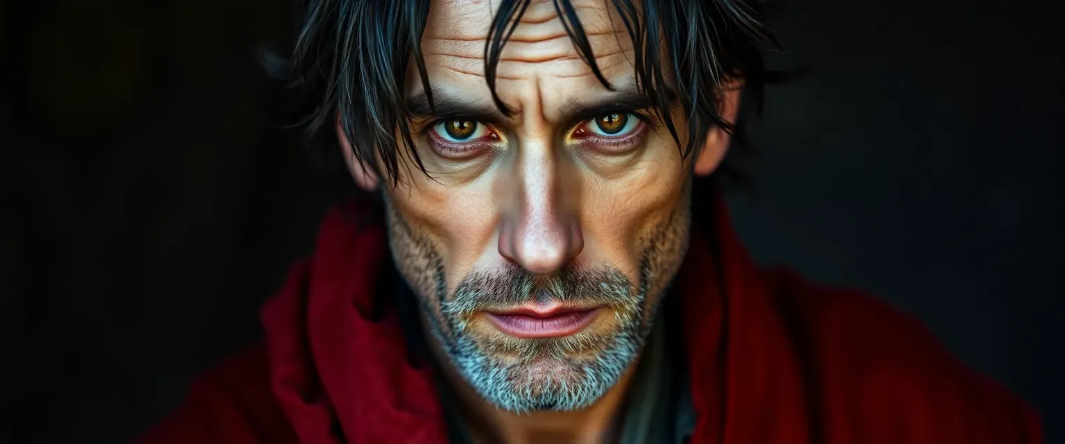 Late 40s man with weathered face, smoldering charcoal hair, piercing amber eyes, wearing a faded, scorched red robe.
