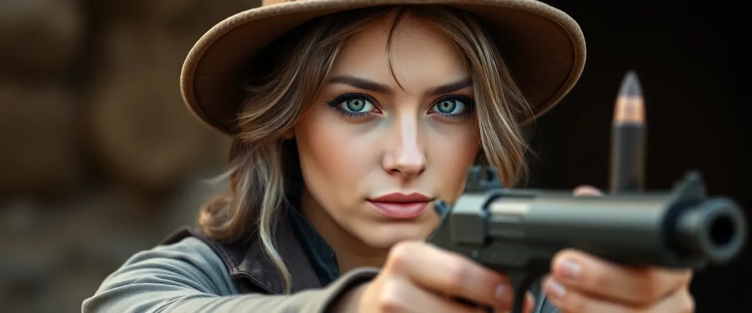 Mid-20s woman with gray-streaked auburn hair, piercing green eyes, wearing practical clothes and a wide-brimmed hat, twirling a bullet.