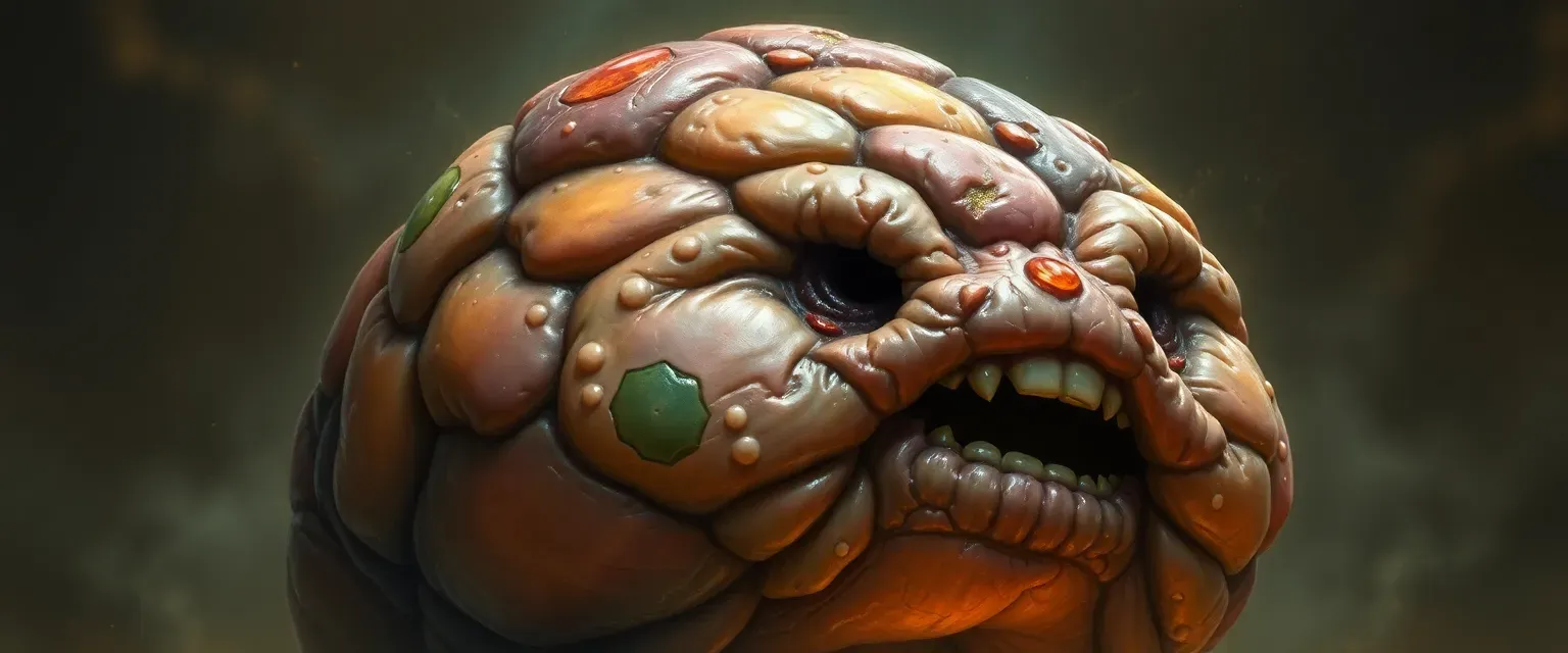 A gender-neutral lump of pulsating flesh, embodying raw life essence, with a patchwork of skin colors and a silent mouth.