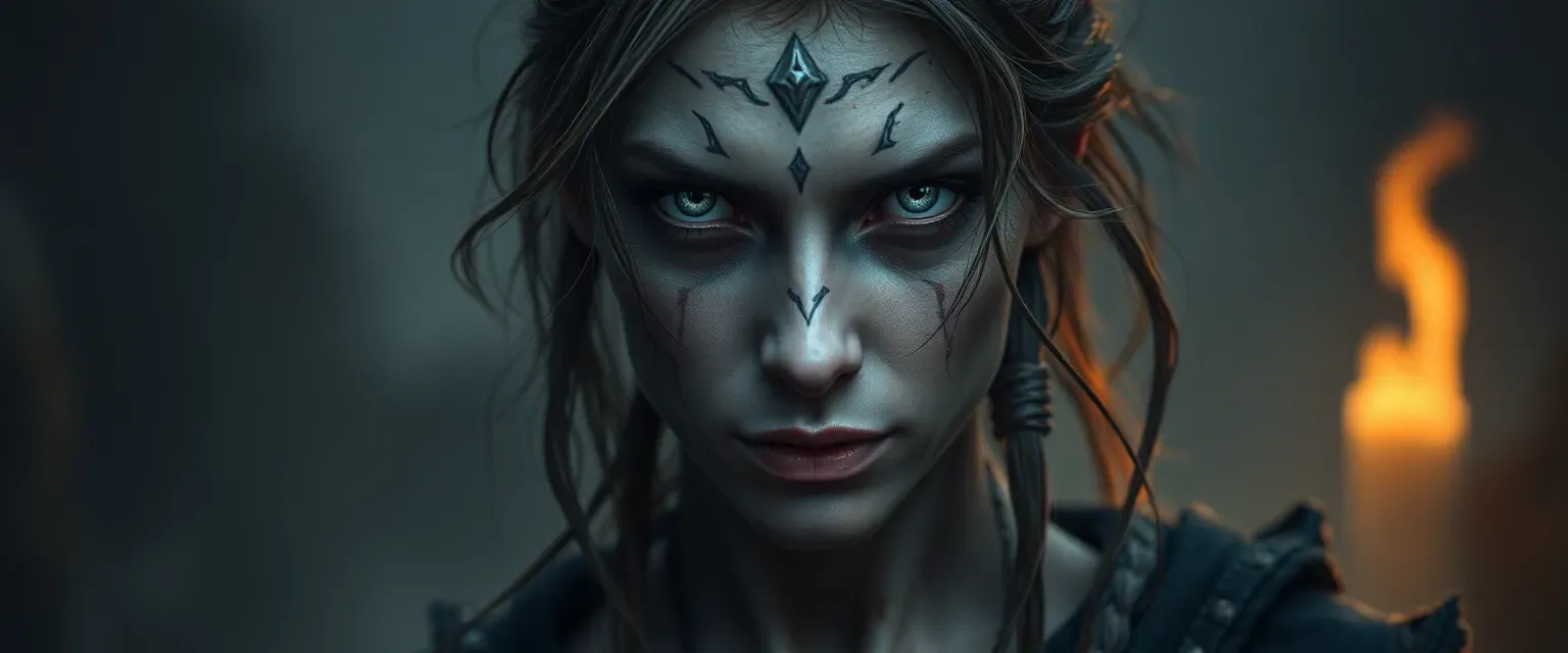 Aasimar woman with scarred skin, haunting silver eyes, wearing tattered dark garments.