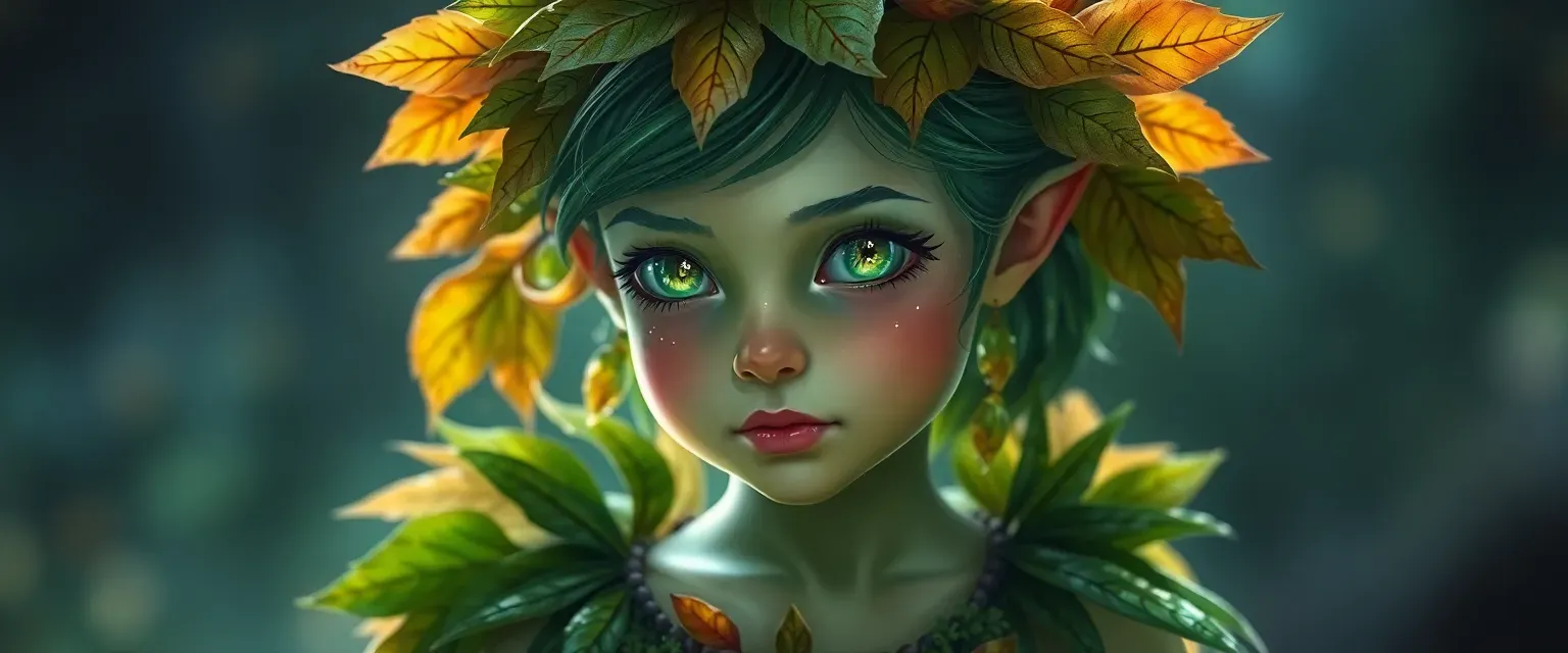 Young fairy druid with luminescent green skin, autumn leaf hair, and starlit eyes, wearing a living dress of leaves and moss.