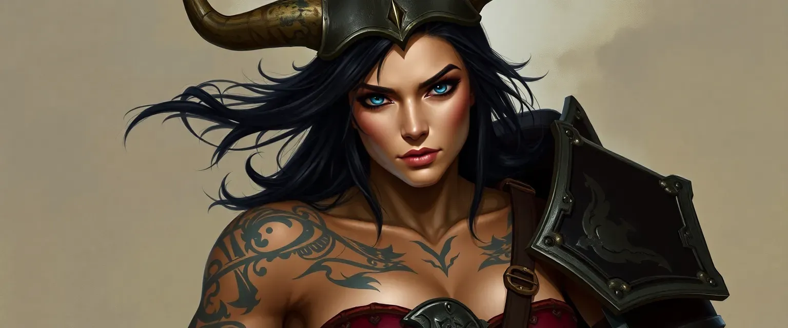 Tall, muscular woman with dark hair, blue eyes, and intricate tattoos, wearing battle-scarred armor and a horned helmet.