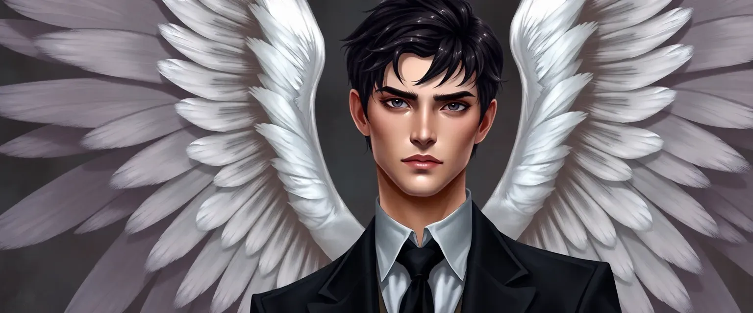 Ancient An male archangel with short dark hair, formal attire, deep blue eyes, and four sets of pristine white wings.