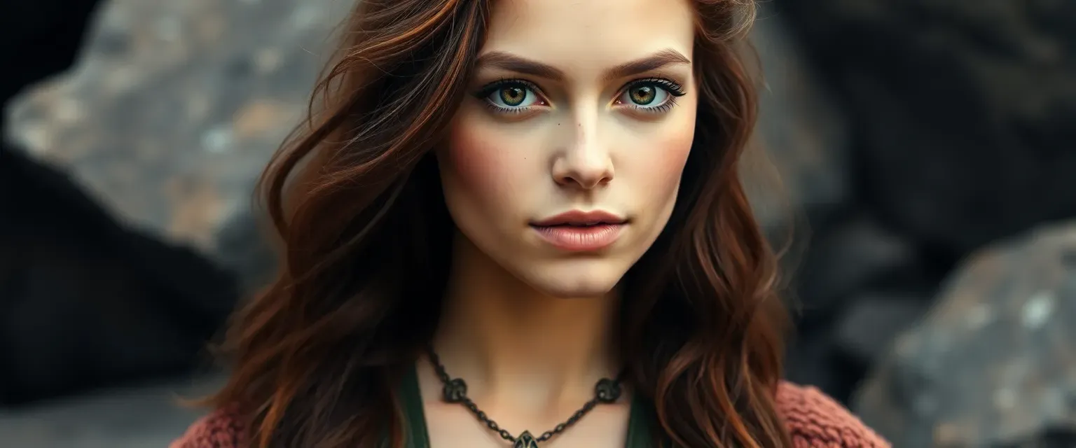 Young woman with chestnut hair, hazel eyes, and freckles, wearing earthy tones and a pendant.