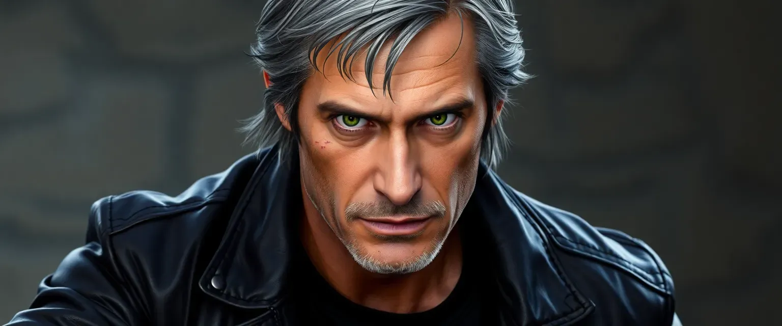 Mid-40s man with silver-streaked dark hair, green eyes, scar on left cheek, wearing a leather jacket and black tee.