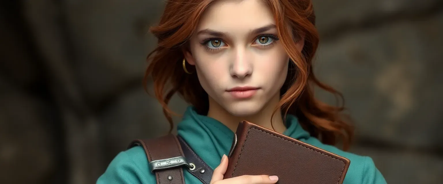 Young adult with chestnut waves, seafoam green tunic, silver belt, warm hazel eyes, holding a leather journal.