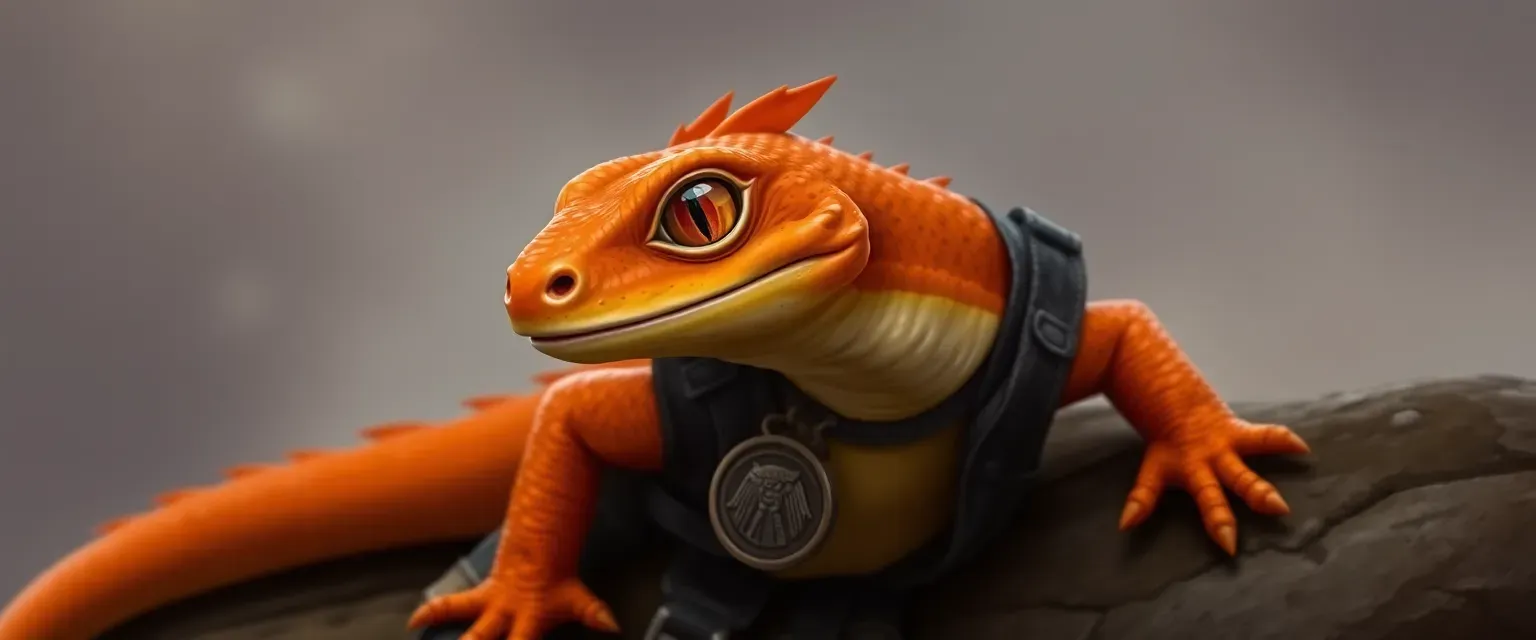 Vibrant orange salamander with amber eyes, wearing a leather vest and rugged trousers, carrying a medallion of Anubis.