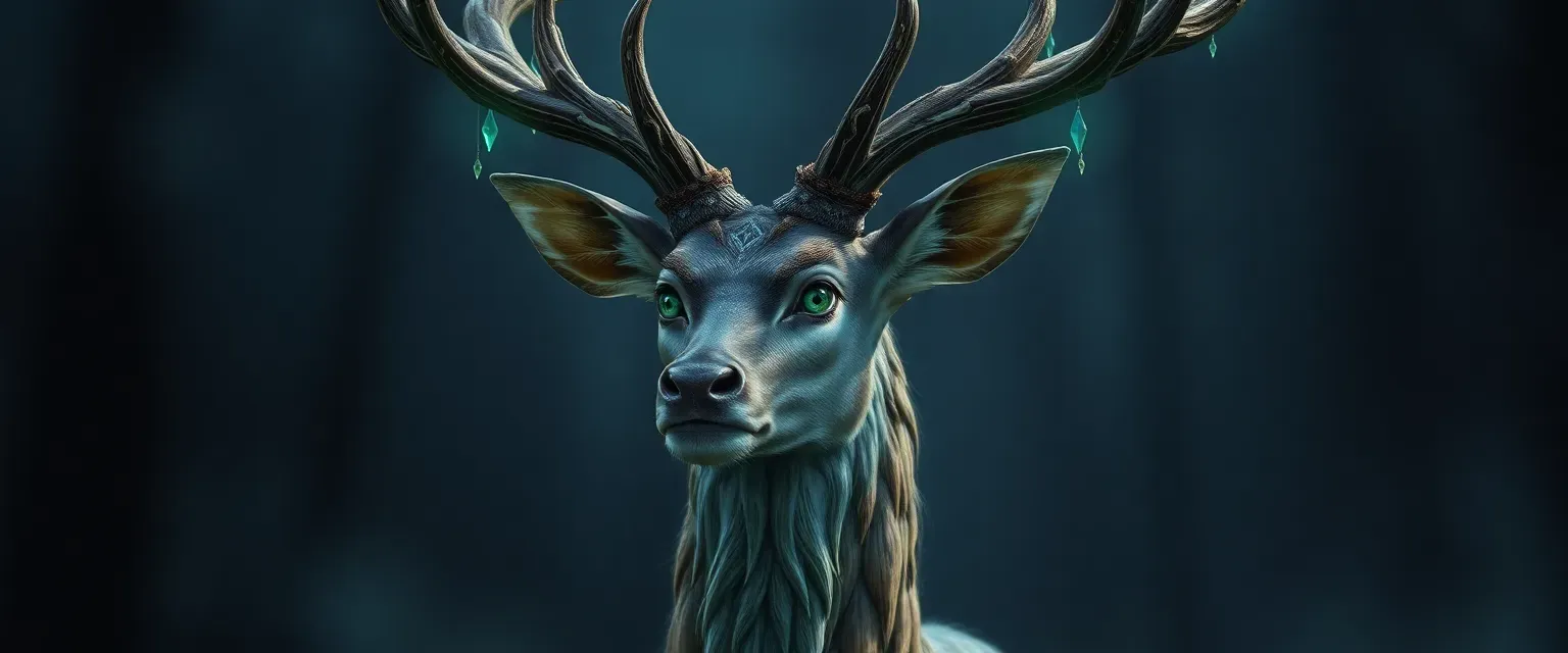 Tall awakened deer with emerald eyes, shimmering fur, and rune-adorned antlers, blending human and animal features.