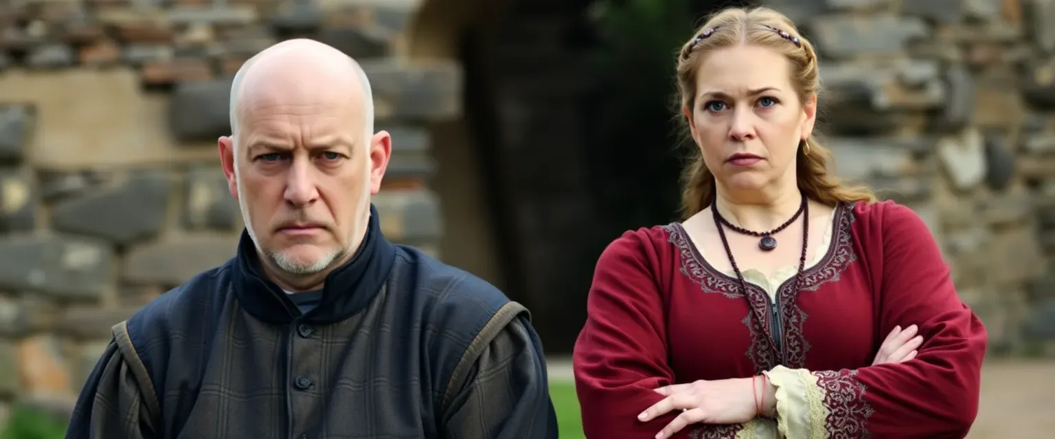 Bald man in sixties, medieval clothes, dejected; robust woman in fifties, medieval dress, arms crossed, stern.