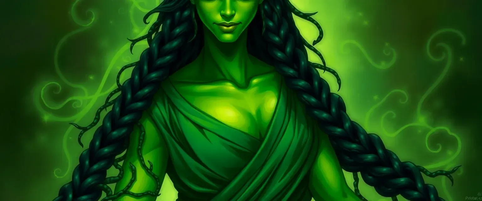Vivid green deity with long, braided dark green hair, wearing a green tunic, with a left arm made of living vines.