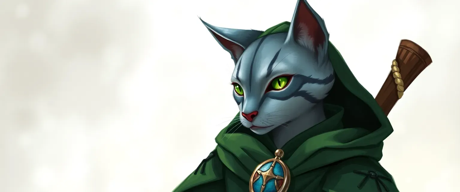 Tabaxi cleric, blue-grey fur, green eyes, early thirties, cleric robes in greens and blues, Selûne pendant.