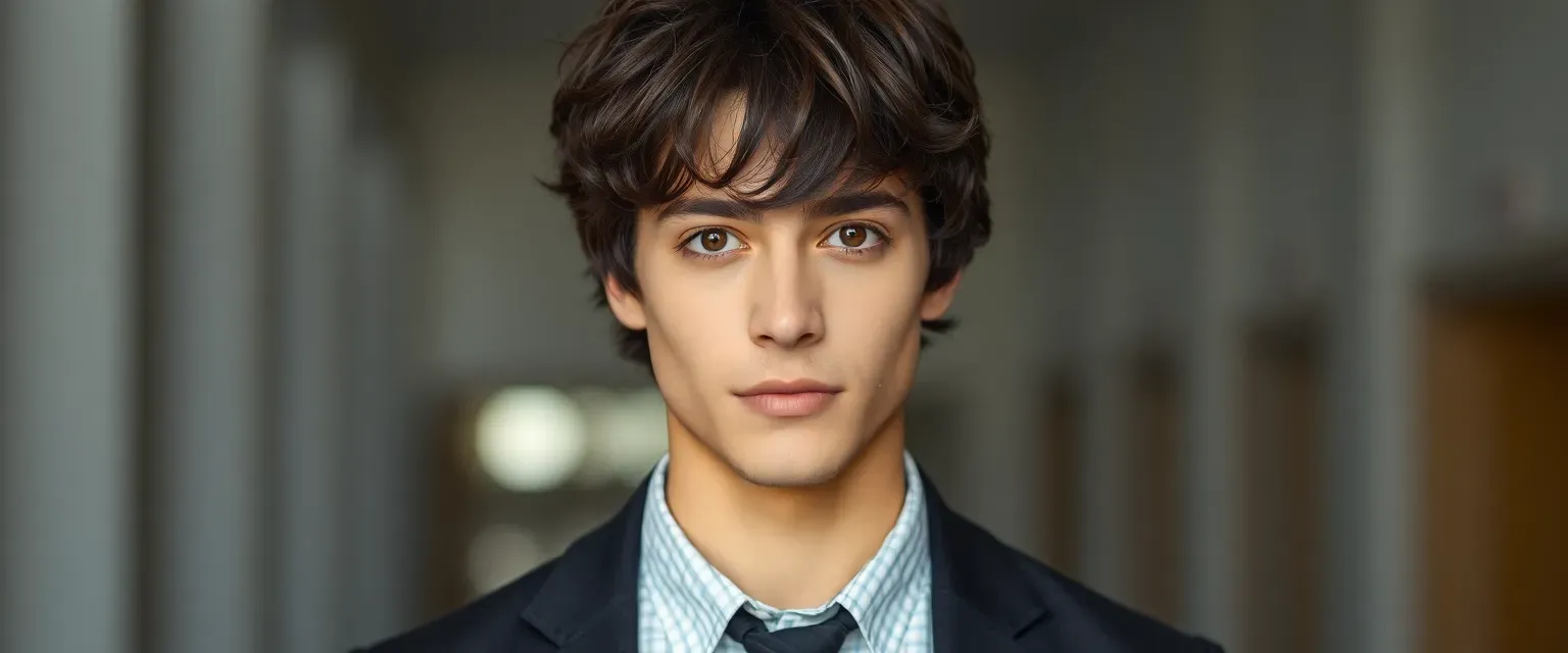 Young man with dark, messy hair and deep brown eyes, wearing a mix of casual and professional attire.