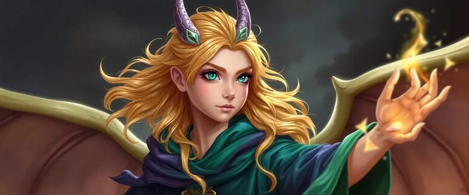 Young, beautiful draconic sorcerer with golden hair and emerald eyes, wearing a color-shifting robe.