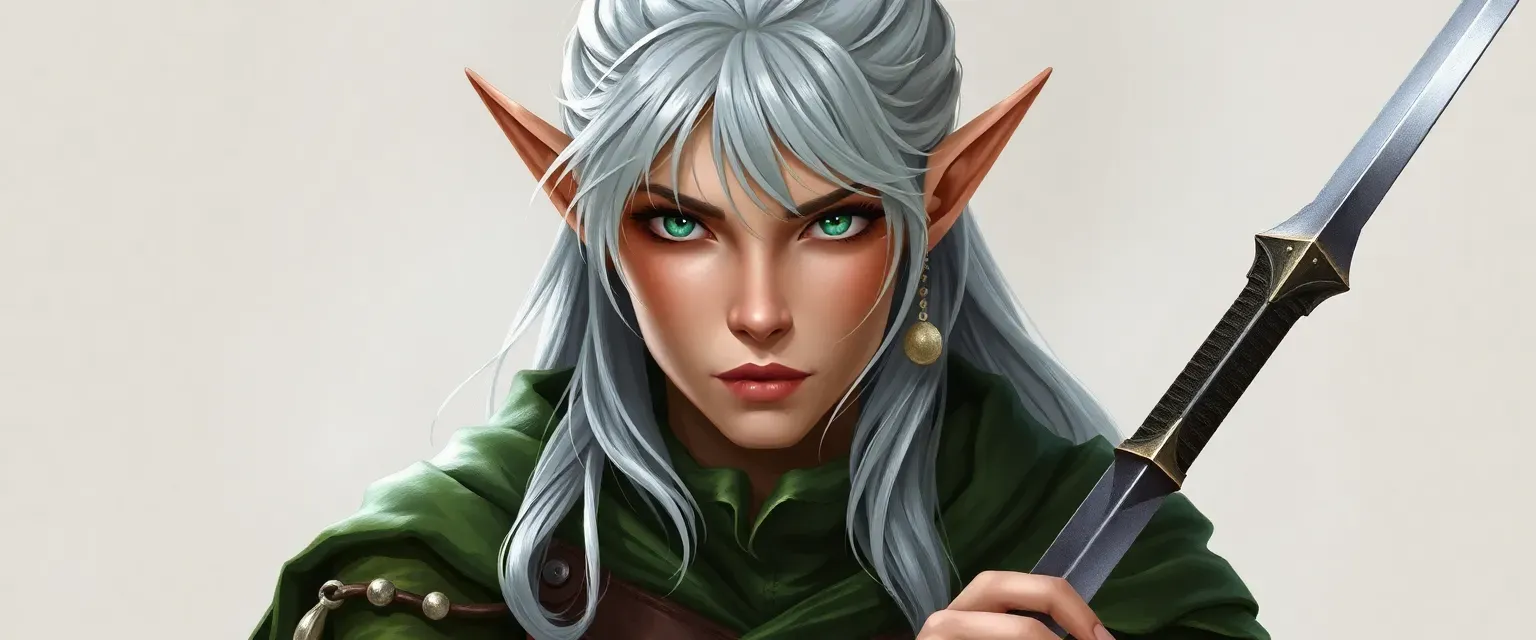 Silver-haired elf with emerald eyes, wearing a green and brown leather tunic and cloak, armed with an elven sword.