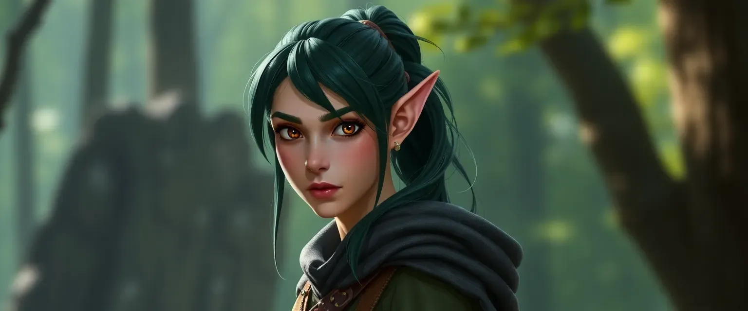 Tall wood elf with dark green hair in a ponytail, amber eyes, wearing ranger's garb with a shadow-like cloak.