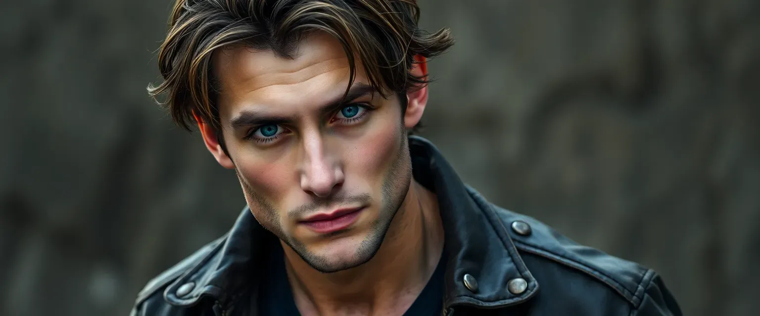 Mid-thirties man with piercing blue eyes, dark brown tangled hair, lean muscular build, wearing dark jeans and a worn leather jacket.