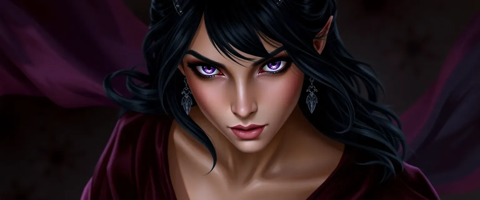 Young Dhampir woman with raven-black hair, violet eyes, wearing dark silk gown.