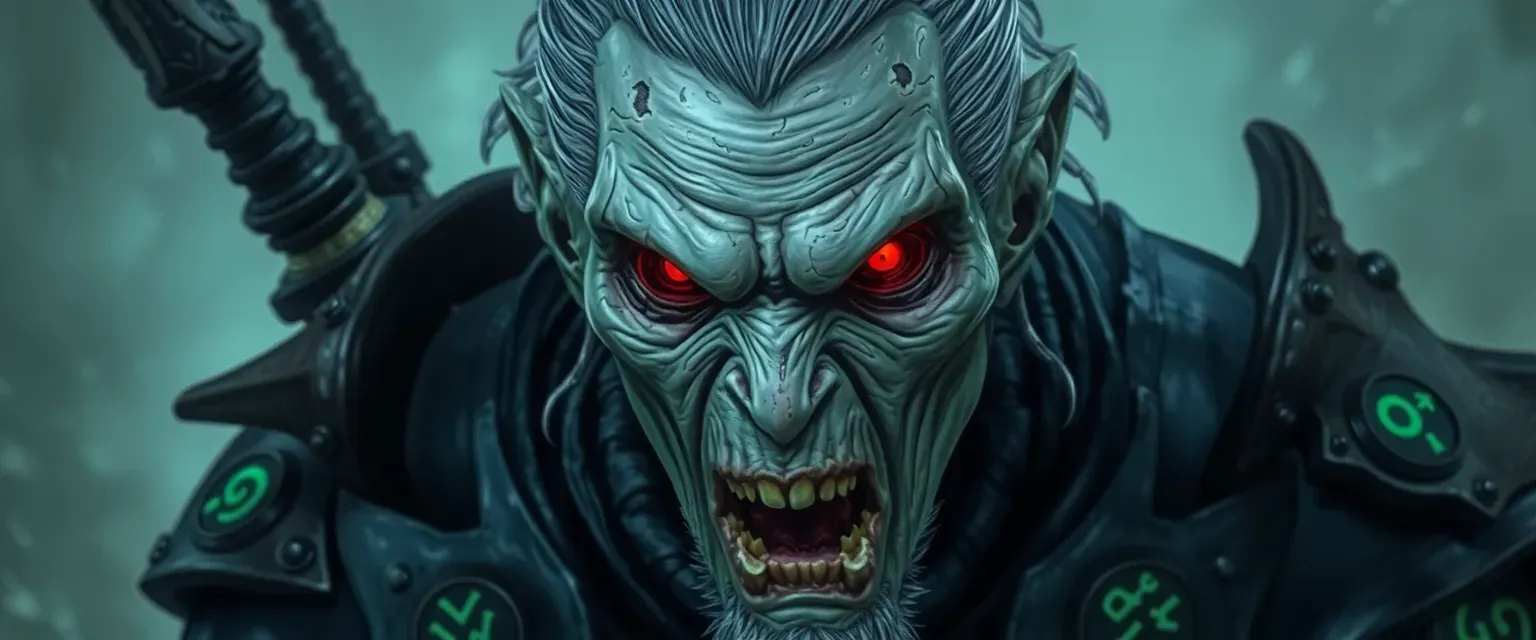 Tarnished black armor, eerie green runes, red glowing eyes, gaunt undead face, matted gray hair.