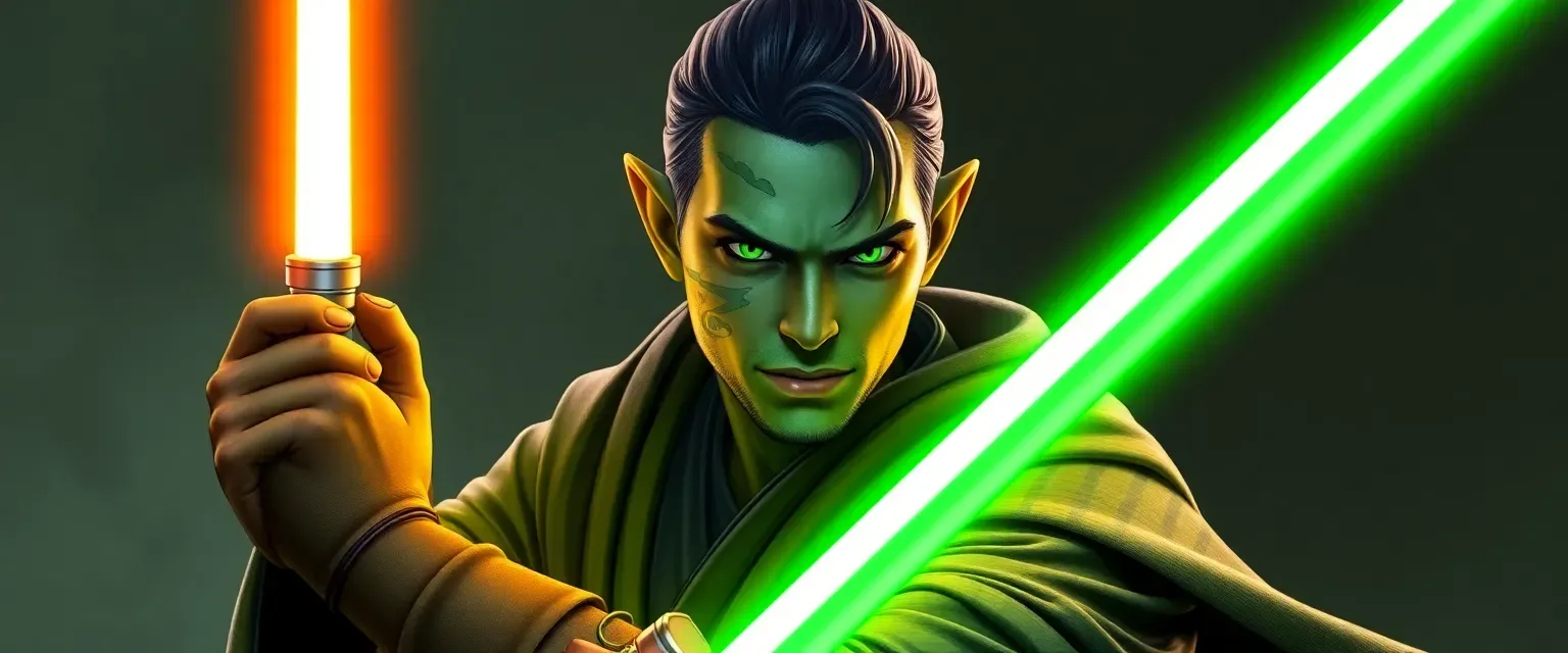 32-year-old male Mirialan Jedi with green tattoos, green eyes, wearing green Jedi robes, wielding two orange Shotosabers.