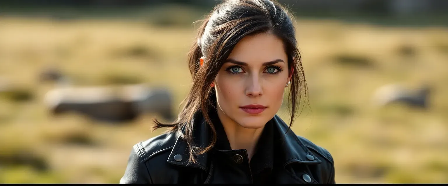 Woman in her late 30s, dark hair in a ponytail, piercing blue eyes, scar on left cheek, wearing a leather jacket and boots.