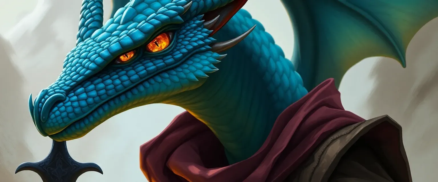 Tall female Dragonborn with azure scales and piercing gold eyes, wearing sorcerer robes.