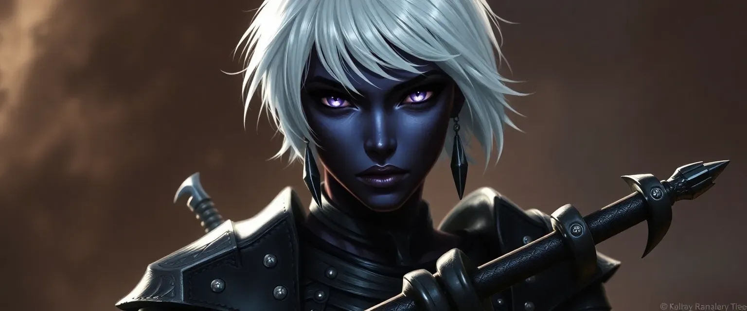 Drow woman with ebony skin, short white hair, violet eyes, wearing dark leather armor with blades.