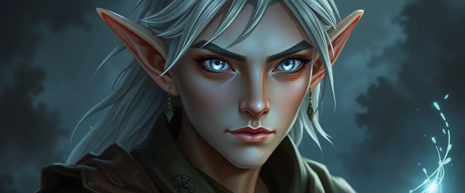 Half-elf reborn, luminescent skin, silver eyes, simple robes with monk symbols, serene yet determined expression.