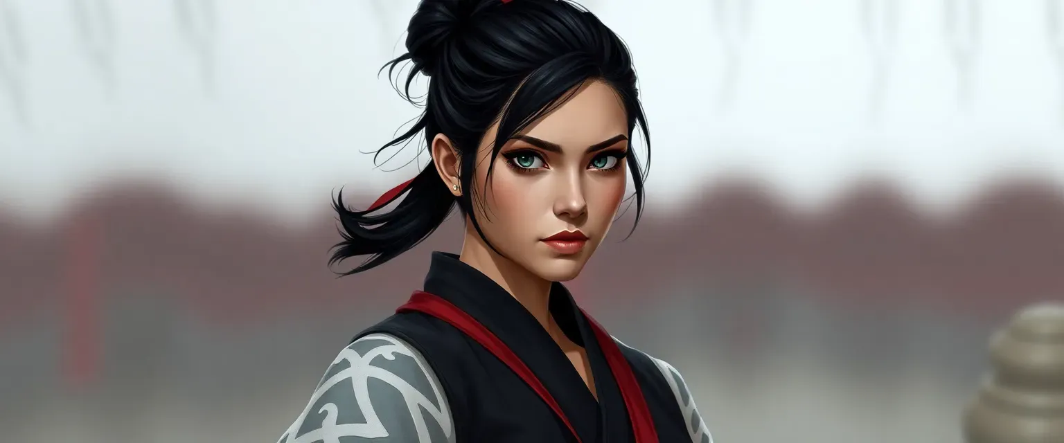 Early 30s woman with jet-black hair in a bun, sharp eyes, wearing a dark gi with a crimson sash.