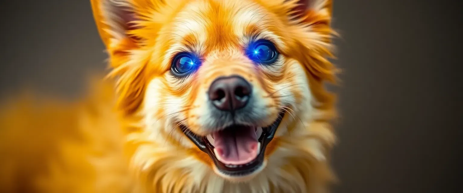 A yellow dog with sparkling eyes and shimmering fur, embodying chaos with a cheerful demeanor.