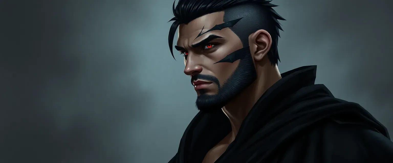 Tall, muscular man with a jagged scar, dark robes, short black hair, and piercing crimson eyes.