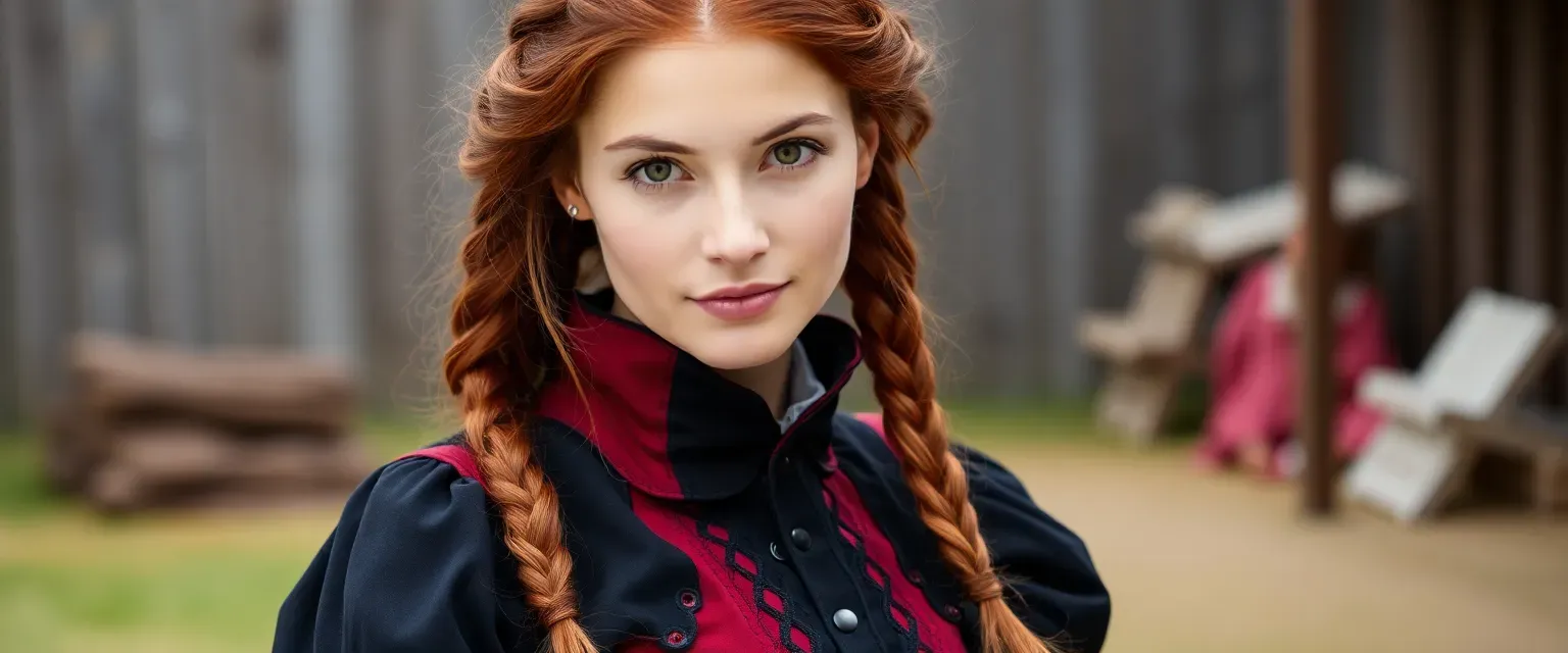 36-year-old woman, reddish-brown braided hair over shoulder, brown eyes, wearing red and black corset, black dress shirt, red and black pants, western era.