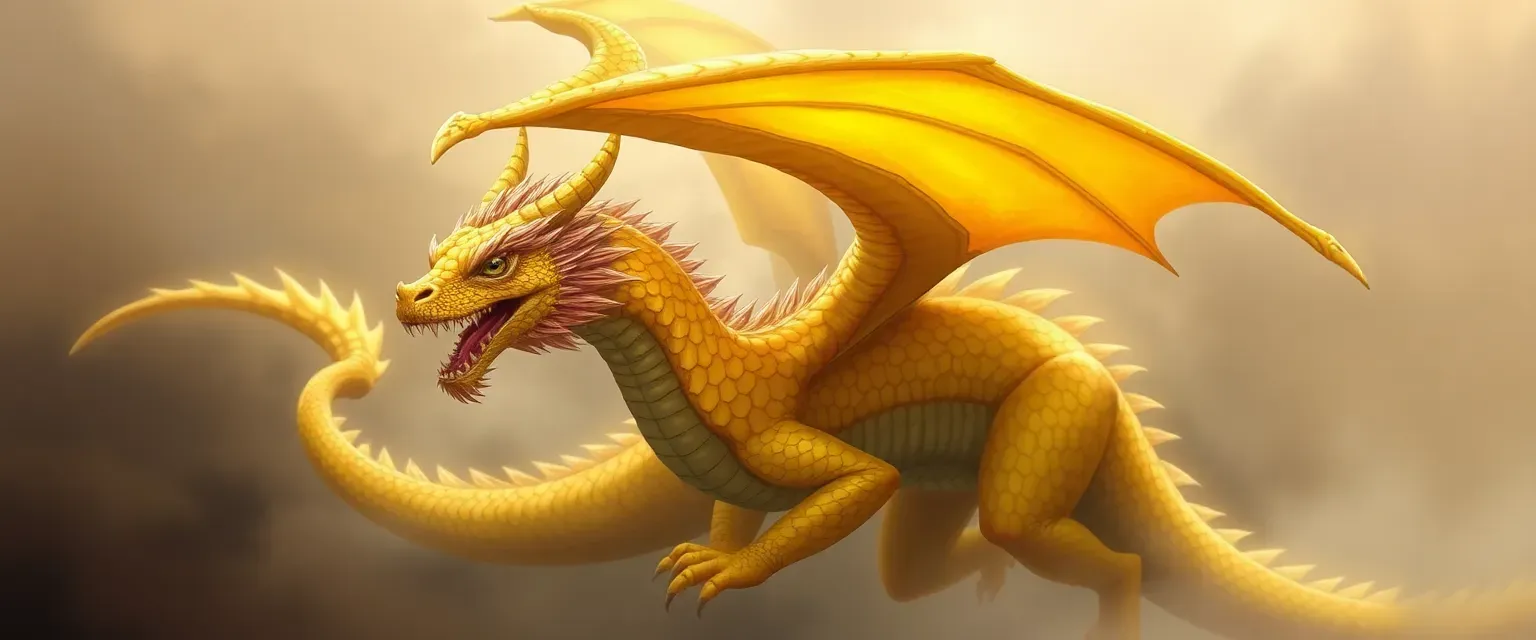 A majestic dragon with scales in various yellow shades, embodying kindness and a melodious voice.