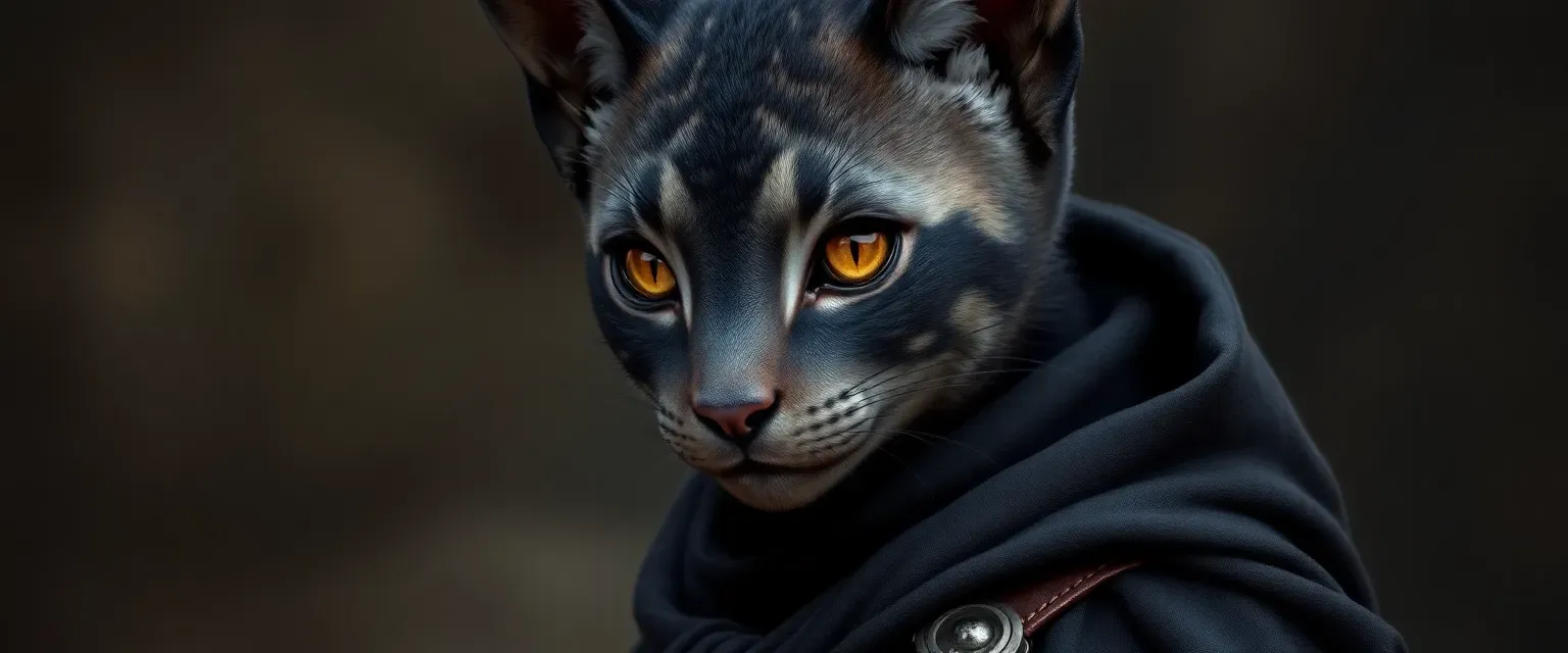 Young Tabaxi female with dark gray and black fur, amber eyes, wearing a dark leather outfit and a midnight cloak.